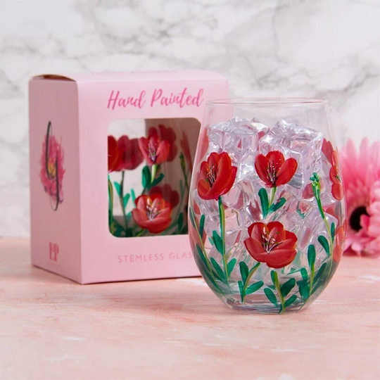 Hand Painted Glass, Poppy Flower Stemless Gin Flowers Floral Tumbler