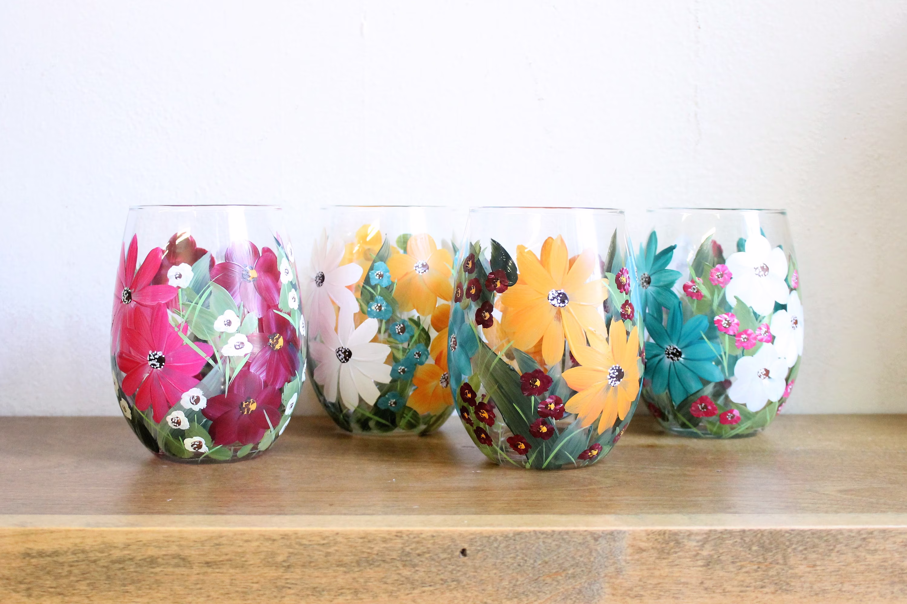stemless Wine Glasses Hand Painted Mixed Floral 2