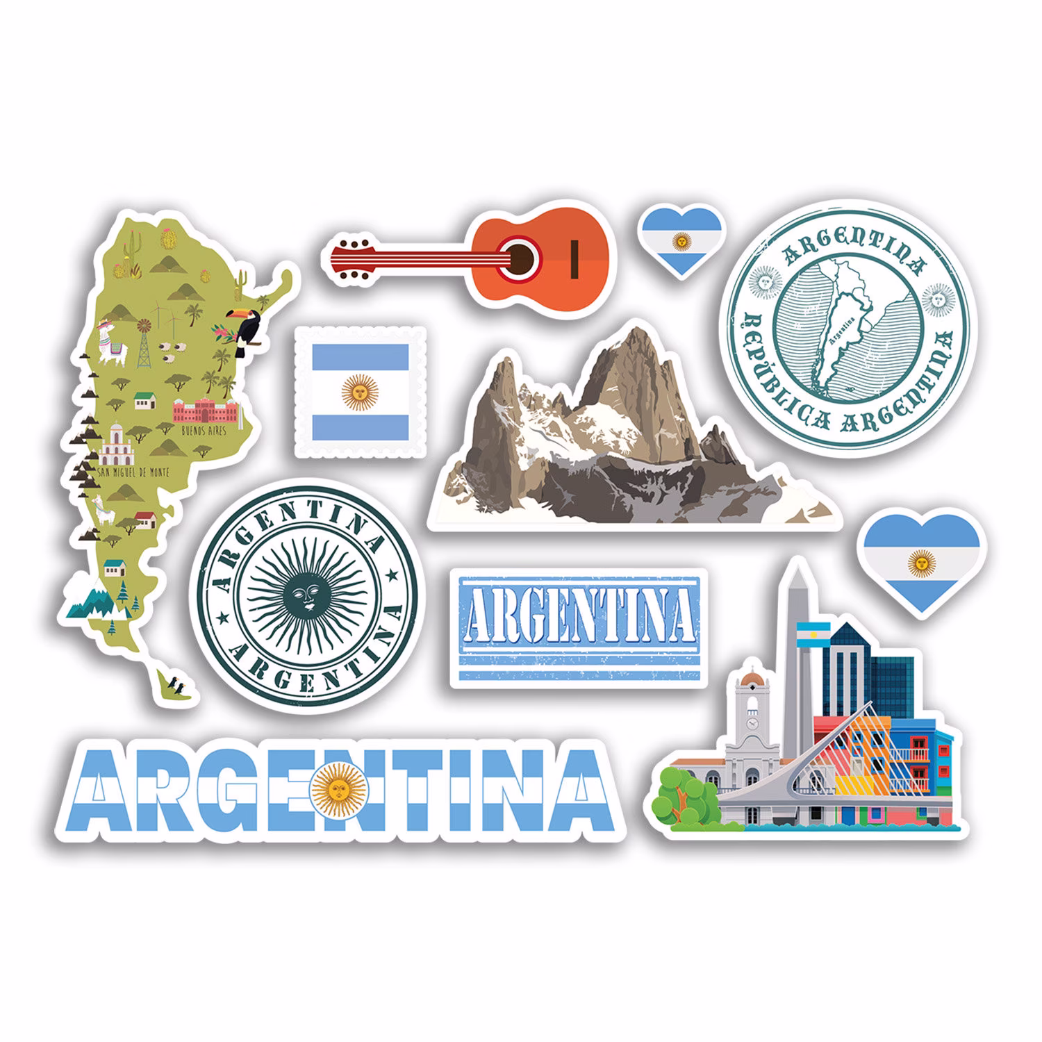 A5 Sticker Sheet Argentina Landmarks Vinyl Stickers - Love Map Airport Stamps Skyline Flag Travel Holiday Culture City Aesthetic #78476