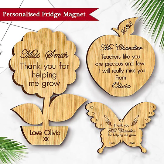 Personalised Thank You Teacher Gift Wooden Fridge Magnet Pre School Nursery Leaving Graduation Present Hand Finished in UK