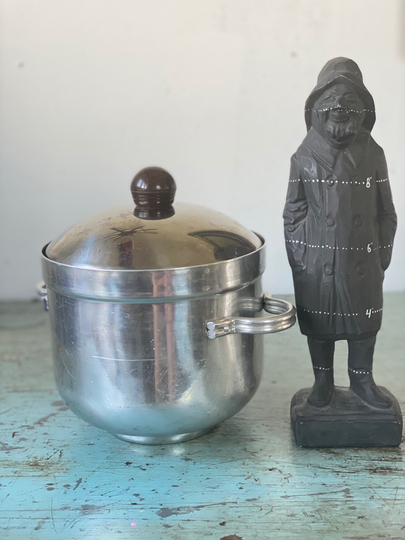 Vintage Aluminum Ice Bucket, With Pyrex Glass Interior - Brown Circular Lid Knob Buenilum Brand