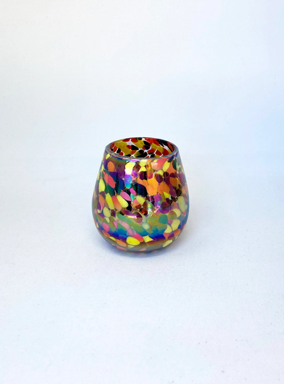 1 Stemless Wine Glass - Red/Orange Iridescent Confetti