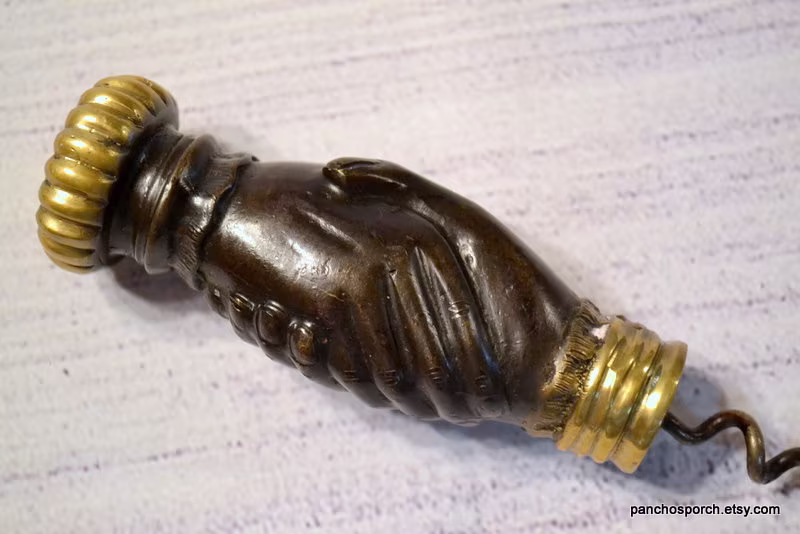 Vintage Clasped Hands Corkscrew Hand Shake Cork Screw Brass Rare Barware Collectible Panchosporch