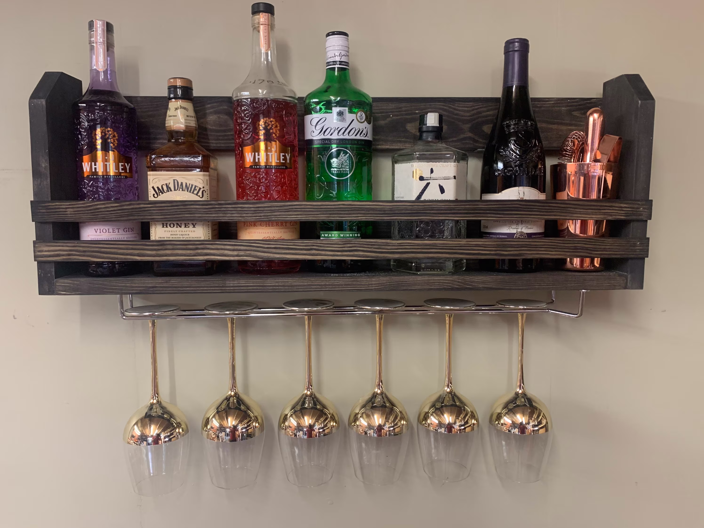Wall Mounted Pine Handcrafted Garden Bar Drinks Bar Shelf 750mm Long With Chrome Glass Hanger