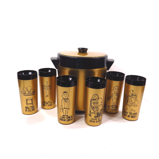 Mid Century West Bend Thermo Serv Ice Bucket With Matching Cartoon Highball Drinking Glasses