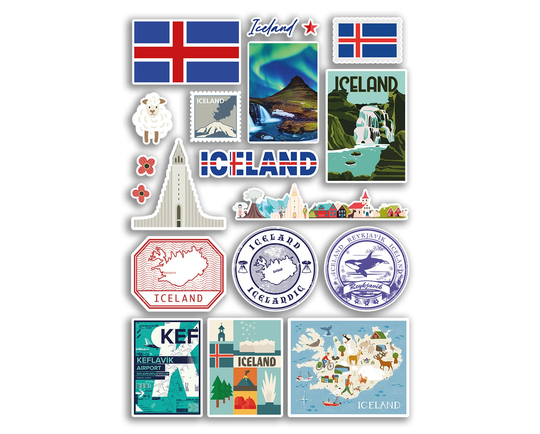 A4 Sticker Sheet Iceland Vinyl Stickers - Icelandic City Landmarks Stamp Flag Travel Holiday Culture Scrapbook Luggage Gift #78885