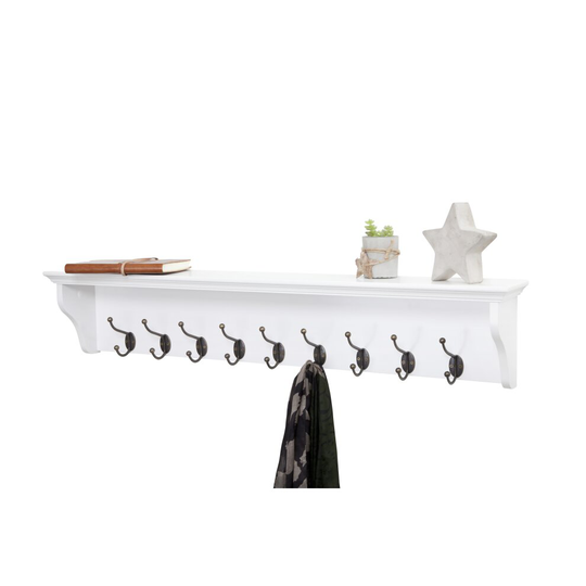 Richmond White Wooden Wall Mounted Coat Rack with 9 Hooks and Shelf