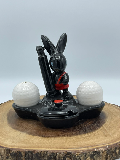 Vintage 1950S H. J.wood Ceramic Bunny Rabbit Golf Player Salt & Pepper Set | Golfers Gift Hand Painted Burslem Staffordshire Earthenware