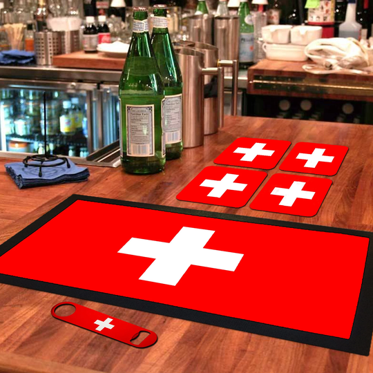 Switzerland Flag Bar Runner Mat, Matching Bottle Opener & 4 X Drinks Coasters Swiss Gift Set For Home Bars Man Cave Football Fans