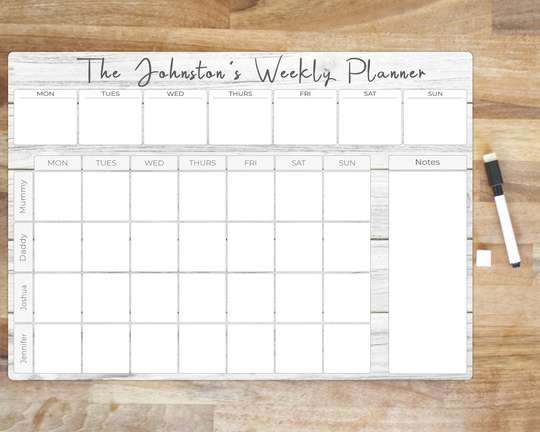 Weekly Family Planner Wood Effect Whiteboard - Large A3 Write & Wipe Clean Organiser Personalised Dry