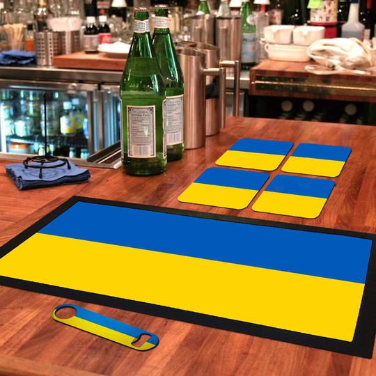 Ukraine Flag Bar Runner Mat, Matching Bottle Opener & 4 X Drinks Coasters Ukrainian Gift Set For Home Bars Man Cave Football Fans