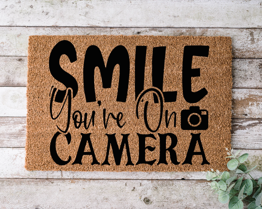 Smile You're On Camera, Door Mat, Funny Doormat, Wedding Gift, Housewarming Gift, Home Welcome Closing Gift - 1152