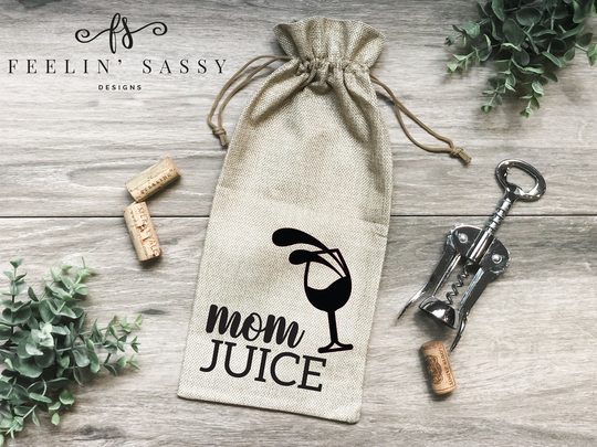 Mom Juice Burlap Wine Bag, Housewarming Gift, Thank You Celebration Hostess Friend, Funny
