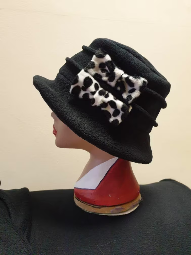Black Cloche Hat in Cosy Polar Fleece-Dalmation Bows-Downton Abbey Hat-Womens Fleece Winter Hat-1930's-Ladies