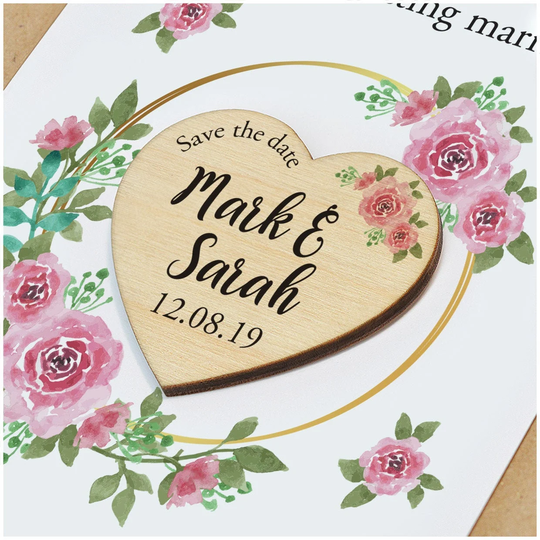 Wooden Save The Date Magnets - Personalised Rustic Heart Fridge Spring Summer Floral Wedding Cards