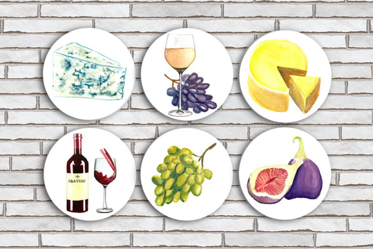 Fruit Wine & Cheese Magnets Or Pinback Buttons/Set Of 6 1.25