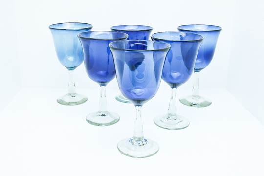 Hand Blown Blue Glass Wine/Water Goblets Set Of 6