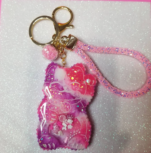 Neon Pink, Purple & White Neko Lucky Cat Dry Shaker Keychain Clip