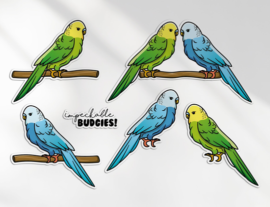 A5 Sticker Sheet Budgie Birds Vinyl Stickers - Pets Animal Budgerigar Parrot Bird Blue Yellow Green Cartoon Aesthetic #77549