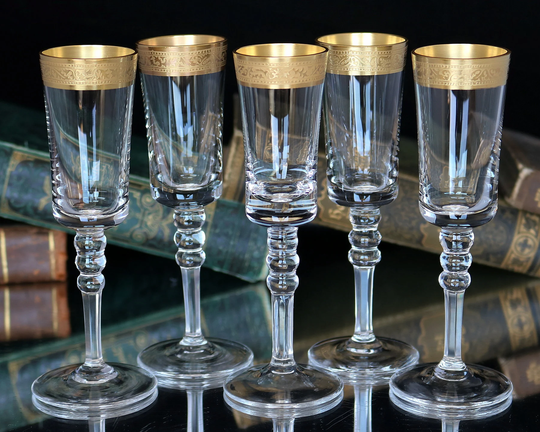 5x Crystal Liqueur Glasses - Cordial With 24K Gold Textured Minton Rim, Eisch