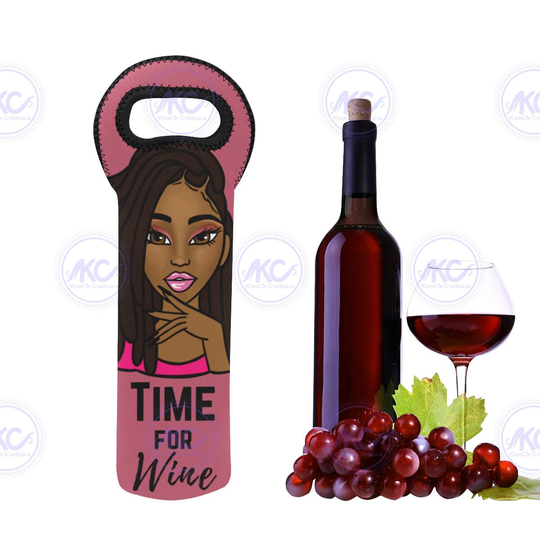 Wine Tote| Neoprene Bag| Housewarming Gift| Lover| Unique Present| Pink Locs| Time For Wine| Drinks Holder| Reusable