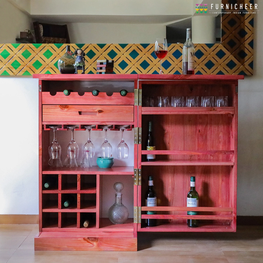 Beetroot Pink Solid Wood Compact Bar Cabinet