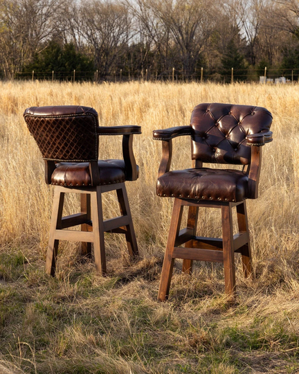 Ranch Bar Stool With Tufted Brown Leather Quilted Diamond Back & Swivel