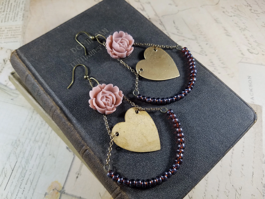 Art Glass Rose Heart Half Hoop Assemblage Earrings; Beaded Drop Floral Rustic Earrings