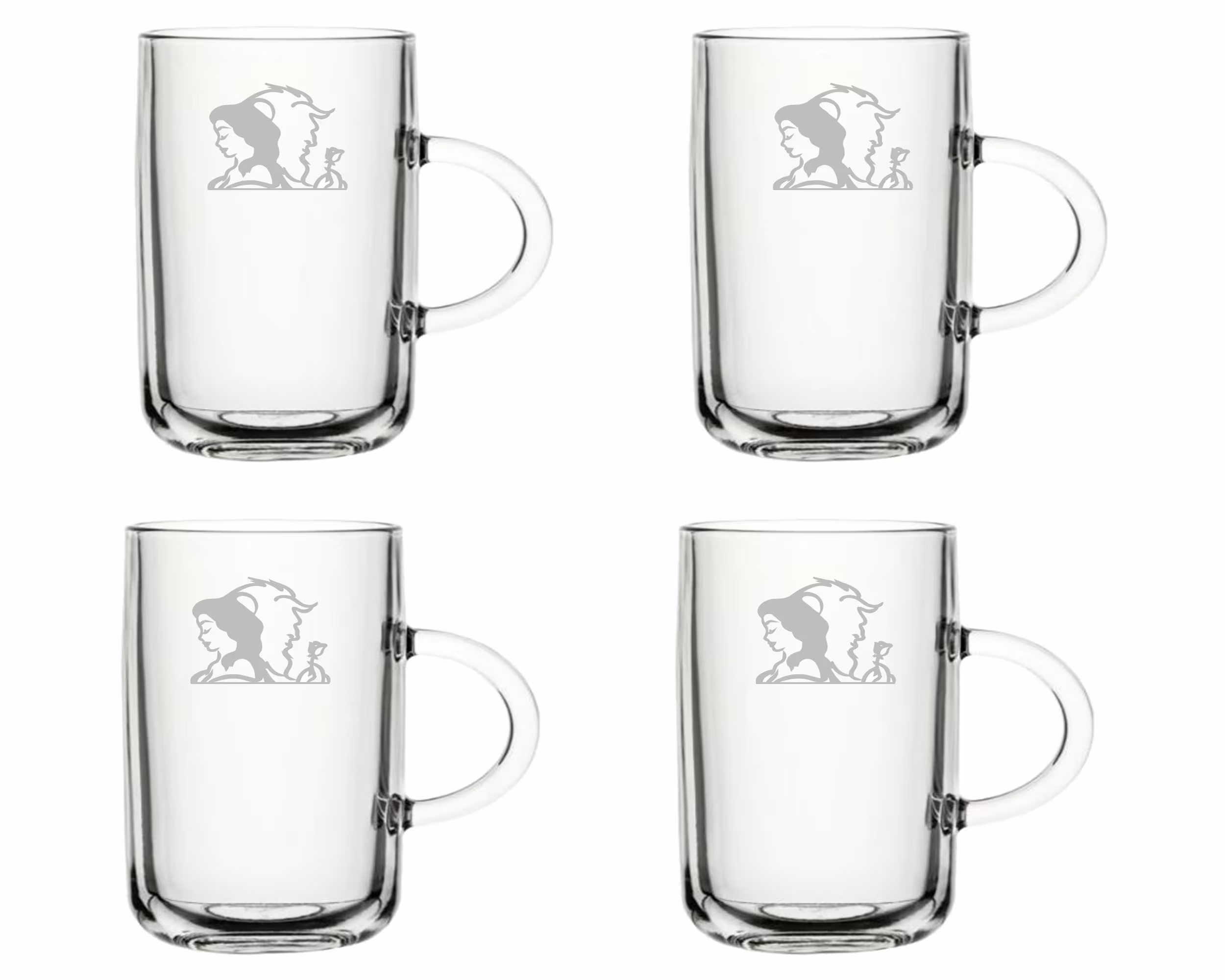 Beauty & The Beast Set Of 4 Tea Glasses Mug Coffee Glass - Hand Etched Glass.175