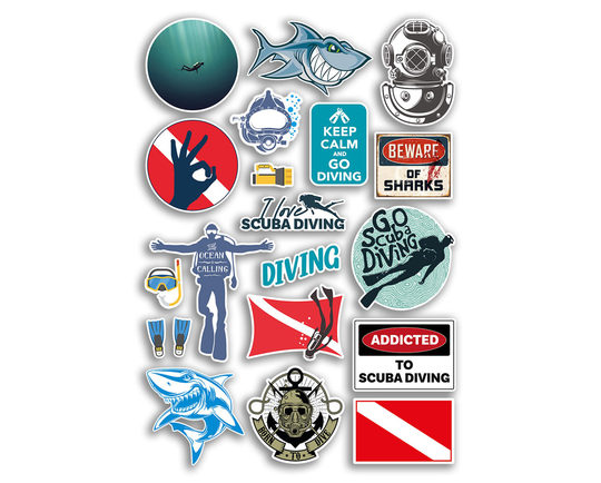 A4 Sticker Sheet Scuba Diving Vinyl Stickers - Diver Dive Beware Shark Sea Fish Ocean Addicted Love Scrapbook Travel Hobby Gift #78889