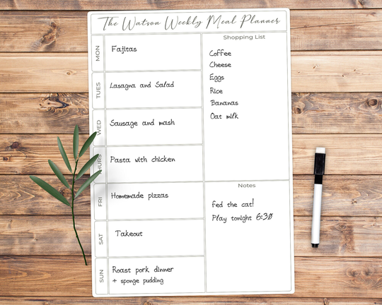Personalised Weekly Family Menu Meal Planner A5 Whiteboard - Write & Wipe Clean Food Organiser Dry Erase Shopping List Board