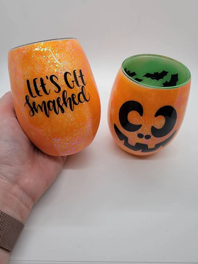 Let's Get Smashed Pumpkin Wine Glass, Epoxy Suprise Inside Halloween Bats Glass