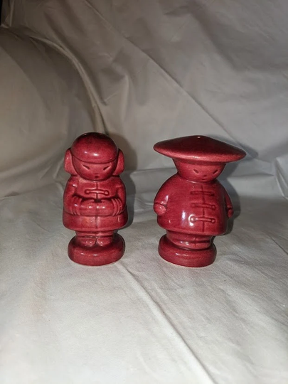 Vintage Ceramic Salt & Pepper Shakers - Chinese Boy Girl in Red Glaze Circa 1930S