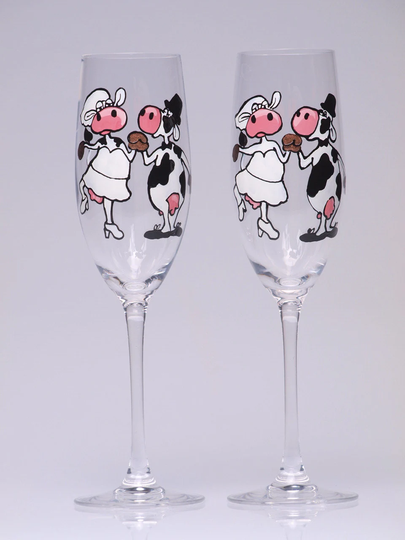 Hand Painted Wedding Toasting Flutes Set Of 2 Personalized Champagne Glasses Theme Cows Black & White