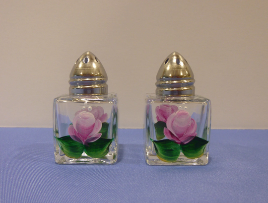 Hand Painted Mini Salt & Pepper Shakers Pink Roses Purple Butterflies