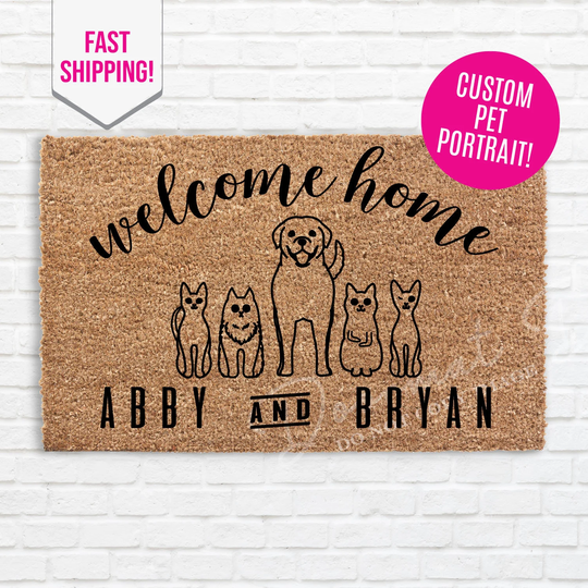 Custom Pet Portrait | Personalized Dog Sketch Doormat, Welcome Home Door Mat Gift, Outdoor Cat Rug, Love, Custom Doormat