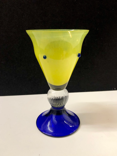 Bohemia Art Glass Jiri Suhajek Yellow & Blue Wine Goblet Modernist B.a.g