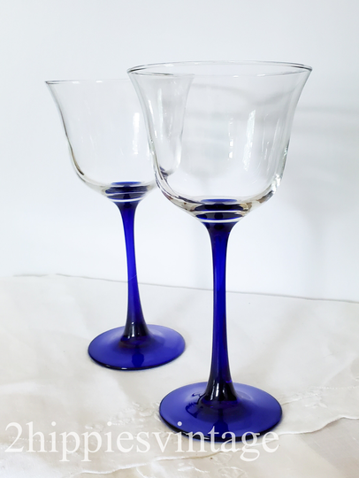 Two Grand & Fabulous Vintage Cristal D'arques - Durand Cobalt Blue Stemmed Water Glass Americana