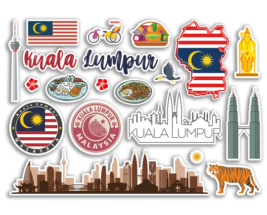 A5 Sticker Sheet Kuala Lumpur Landmarks Vinyl Stickers - Malaysia Beach Airport Stamps Skyline Scrapbook Travel Holiday City Luggage #79119
