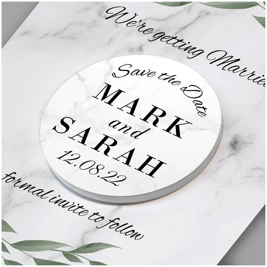 Marble Save The Date Cards Fridge Magnet - Personalised Invitation Eucalyptus Envelopes