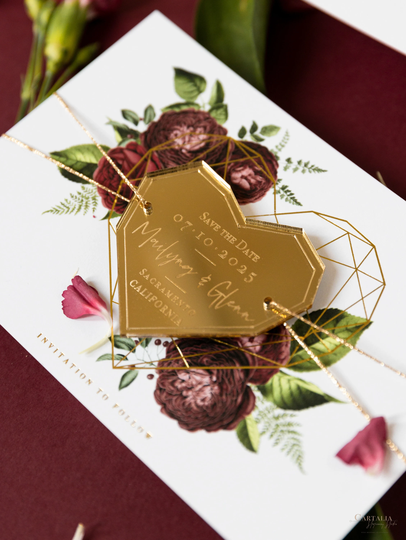 Deep Red Peonies Save The Date With Heart Shaped Magnet Plexi Mirror Acrylic Hexagon, The Cards, Wedding Sign, Gold Foil