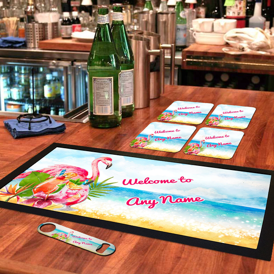 Personalised Bar Runner Mat, Matching Bottle Opener & 4 X Drinks Coasters Gift Set|Accessories For Home Bars|Brs-Di055-1|Add Any Name/Text