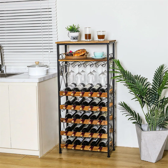 Connersville 25 Bottle Floor Wine Bottle and Glass Rack in Black