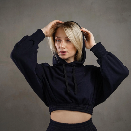 Navy Hoodie Crop Top, Dark Blue Oversized Hoodie, Women Top