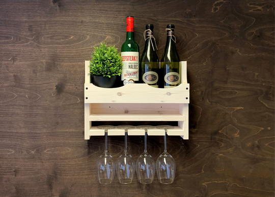 Personalised Rustic Shabby Chic Wooden Wine Rack To Hold 4 Glasses/Bottles - Add Your Man Cave/Home Bar Name- Wall Mounted Display | 4Sc(Em