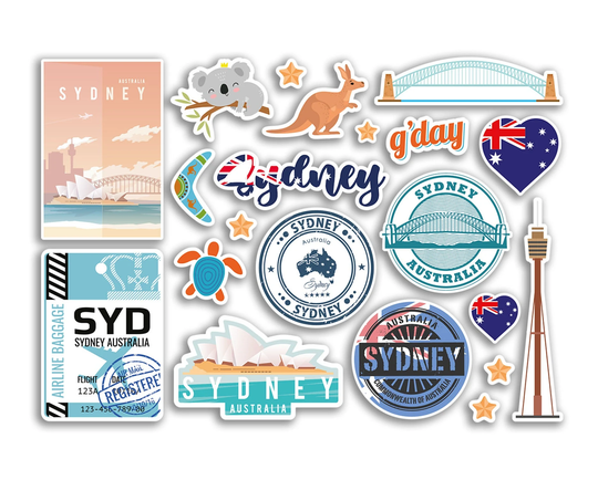 A5 Sticker Sheet Sydney Landmarks Vinyl Stickers - Australia City Map Airport Stamps Skyline Flag Travel Holiday Scrapbook Aesthetic #79030