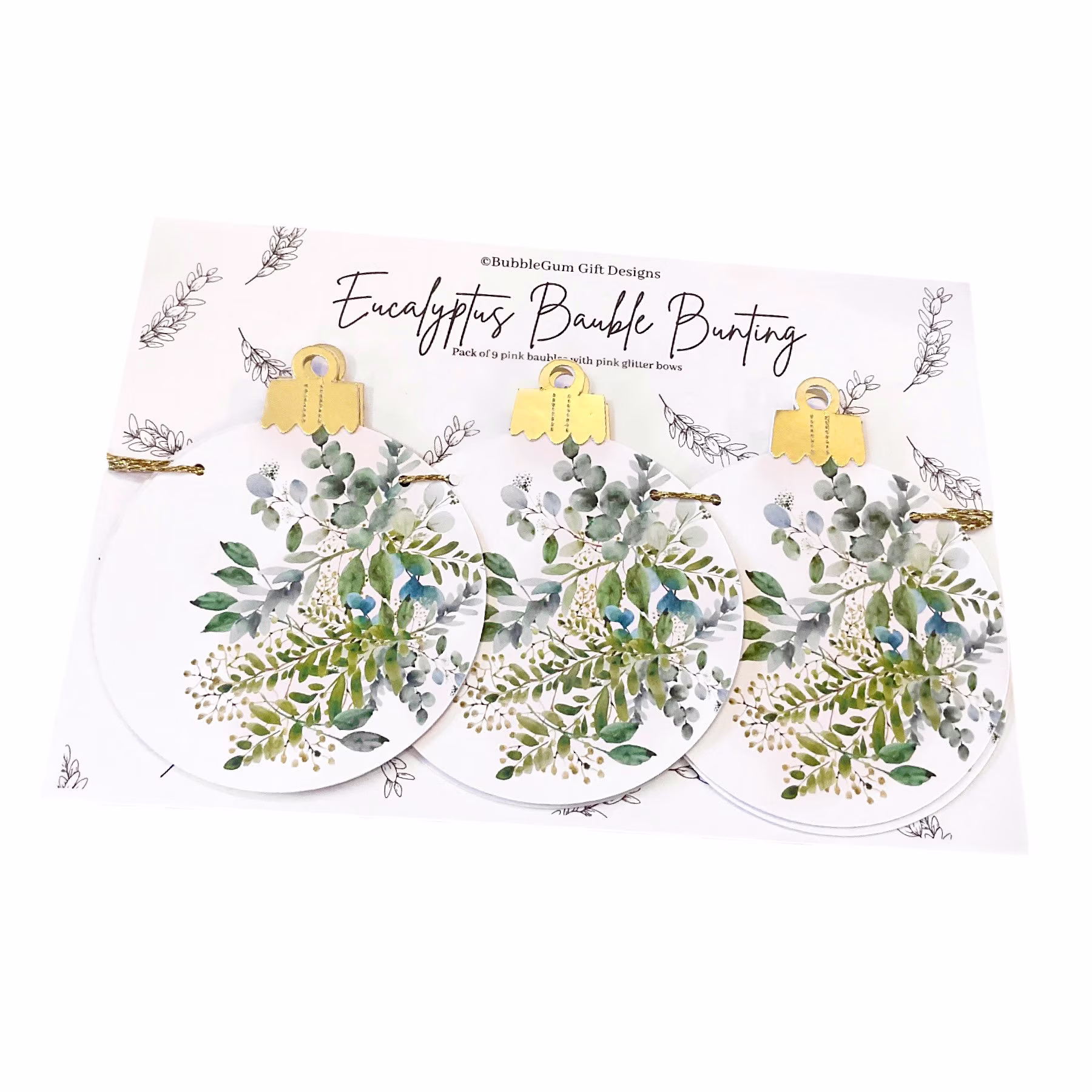 Eucalyptus Garland Xmas Baubles Bunting Botanical Christmas Decoration, Modern Greenery Paper With Gold Bauble Hanger