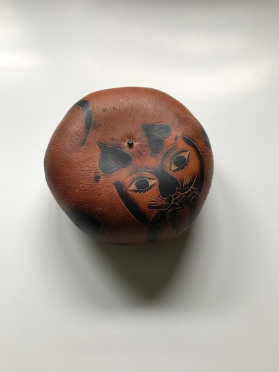 Carved Gourd Shaker Cat Caught Bird Peruvian Art
