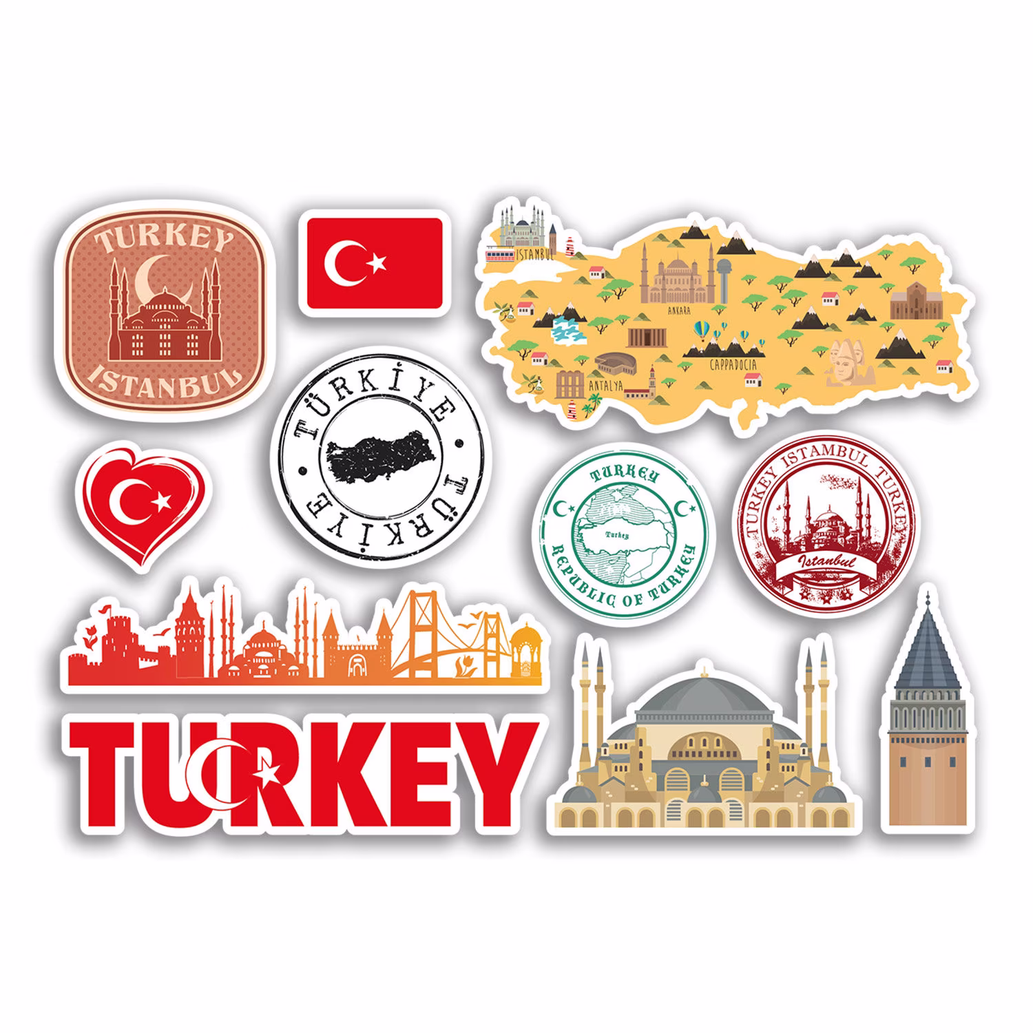 A5 Sticker Sheet Turkey Landmarks Vinyl Stickers - Turkish Map Airport Stamps Skyline Flag Travel Holiday Culture City Aesthetic #78474