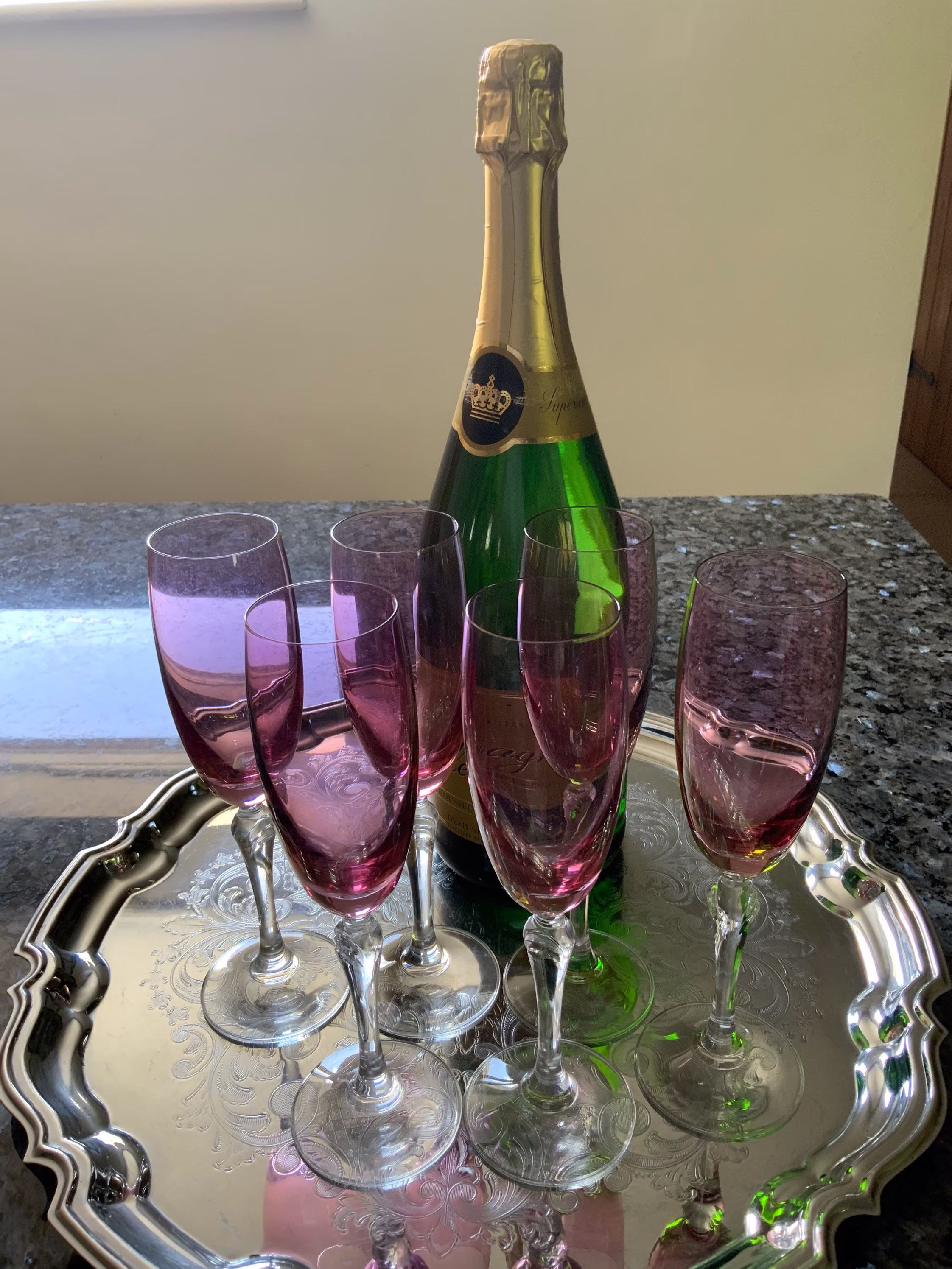 Vintage Champagne Flutes. Set Of 6 Cranberry Glass